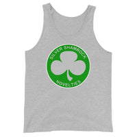 Silver Shamrock Novelties design on men's tank top, front view