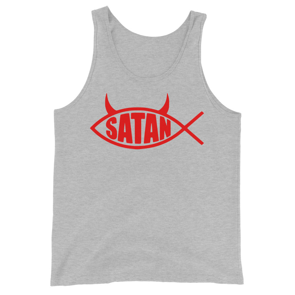Red Ichthys Satan Fish with Horns Religious Satire Men's Tank Top Shirt