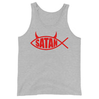 Red Satan Fish design on men's tank top, front view