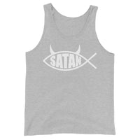 White Satan Fish design on men's tank top, front view