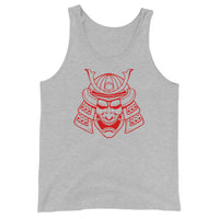 Red Samurai Kabuto Mask design on men's tank top, front view