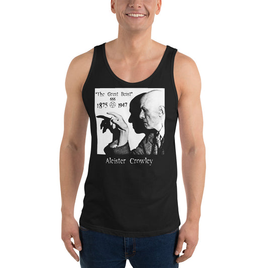 Aleister Crowley design on men's tank top, front view