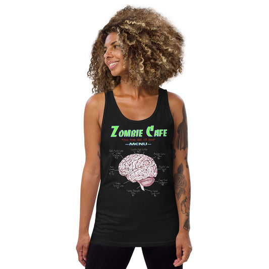 Zombie Cafe Brains Menu design on men's tank top, front view
