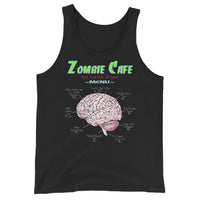 Zombie Cafe Brains Menu design on men's tank top, front view