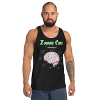 Zombie Cafe Brains Menu design on men's tank top, front view
