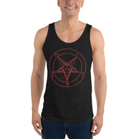 Red Sigil of Baphomet design on men's tank top, front view