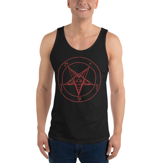 Red Sigil of Baphomet design on men's tank top, front view