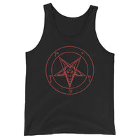 Red Sigil of Baphomet design on men's tank top, front view