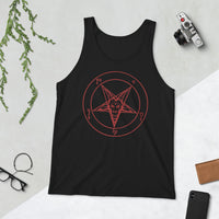 Red Sigil of Baphomet design on men's tank top, front view
