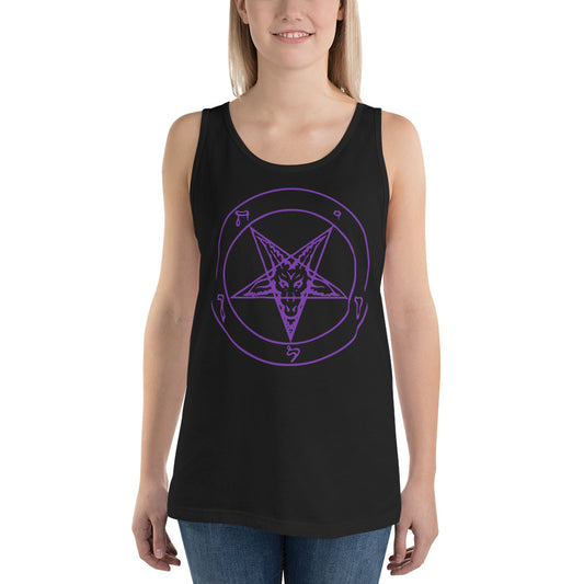 Purple Sigil of Baphomet design on men's tank top, front view