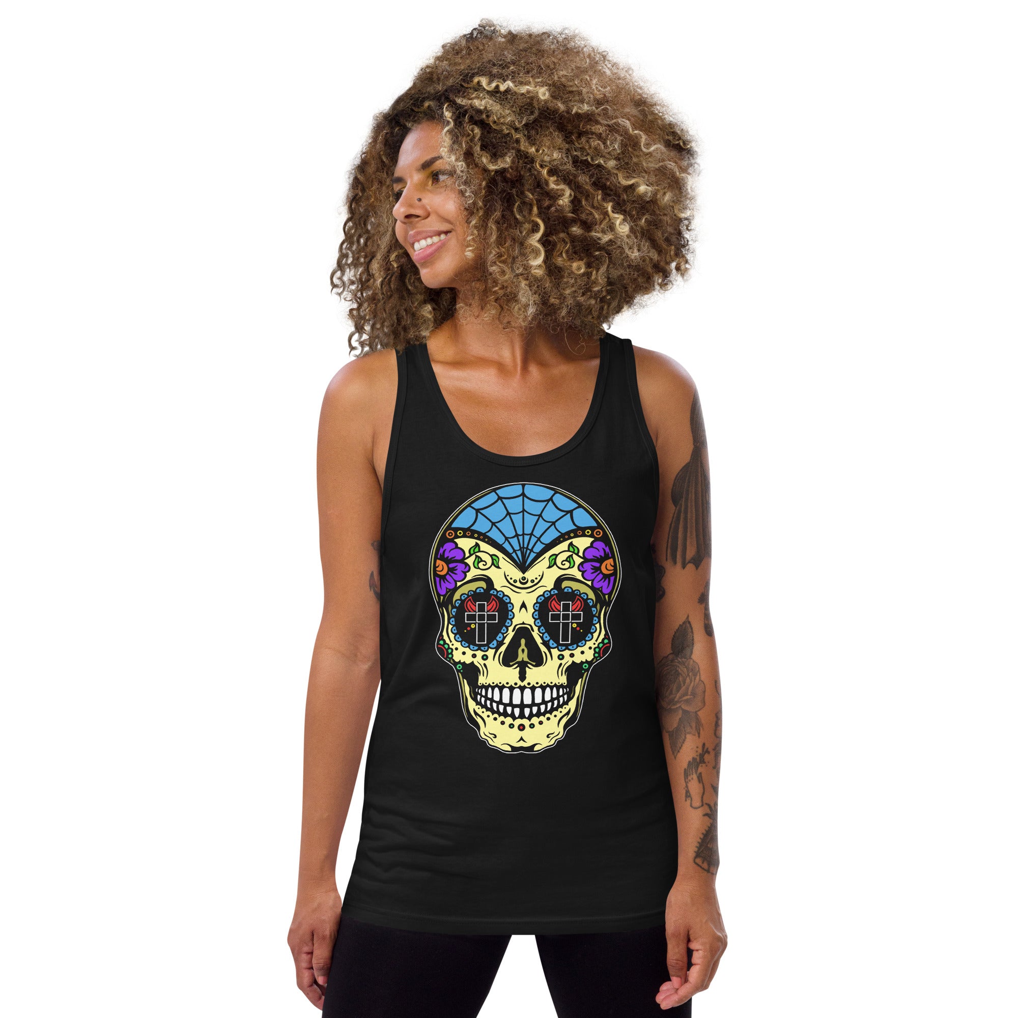 Colorful Sugar Skull Day of the Dead Halloween Men's Tank Top Shirt - Edge of Life Designs