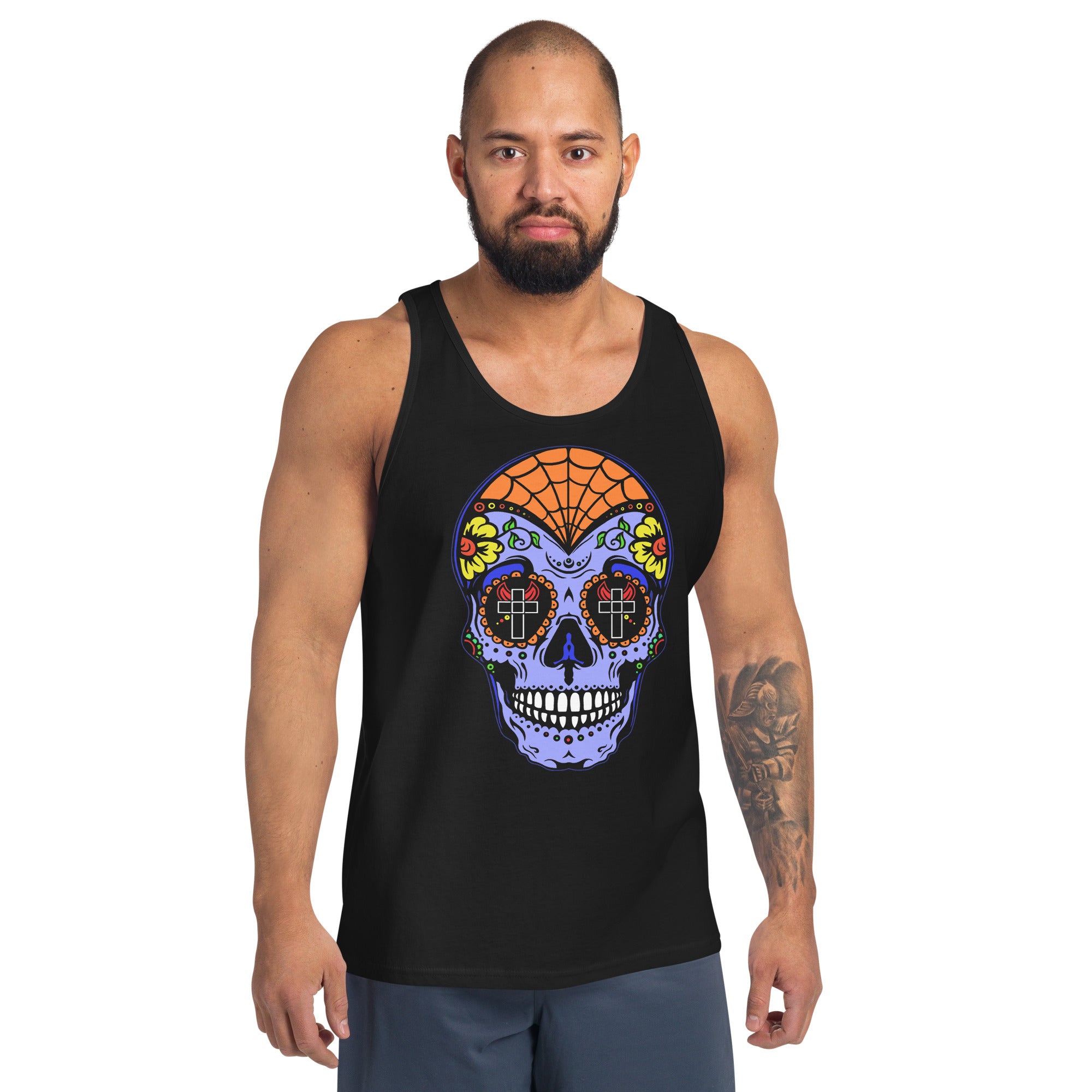 Blue Sugar Skull Day of the Dead Halloween Men's Tank Top Shirt - Edge of Life Designs