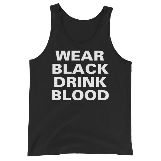 Wear Black Drink Blood design on men's tank top, front view