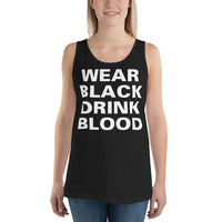 Wear Black Drink Blood design on men's tank top, front view