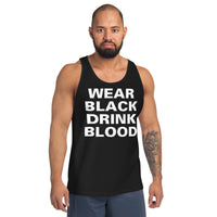 Wear Black Drink Blood design on men's tank top, front view