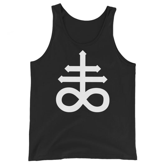 White Leviathan Cross design on men's tank top, front view
