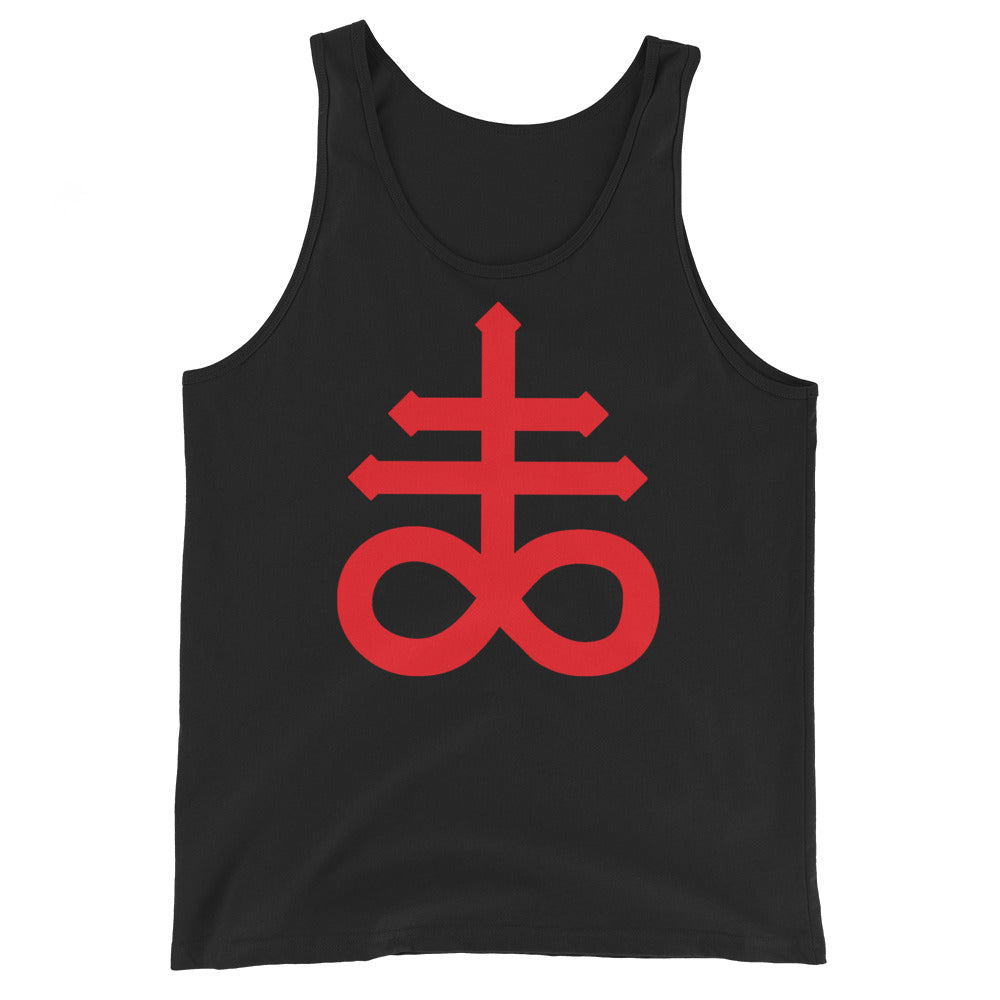 Red Leviathan Cross design on men's tank top, front view