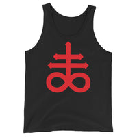 Red Leviathan Cross design on men's tank top, front view