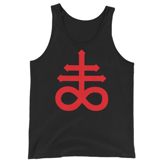 Red Leviathan Cross design on men's tank top, front view