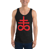 Red Leviathan Cross design on men's tank top, front view