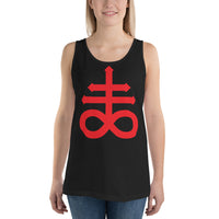 Red Leviathan Cross design on men's tank top, front view
