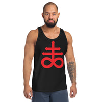 Red Leviathan Cross design on men's tank top, front view