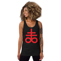 Red Leviathan Cross design on men's tank top, front view