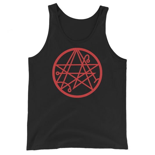 Necronomicon Symbol design on men's tank top, front view