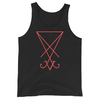 Red Sigil of Lucifer design on men's tank top, front view