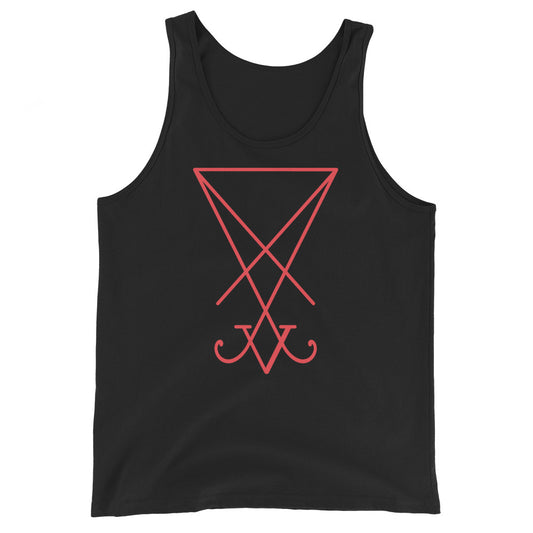 Red Sigil of Lucifer design on men's tank top, front view