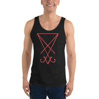 Red Sigil of Lucifer design on men's tank top, front view