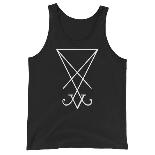 White Sigil of Lucifer design on men's tank top, front view