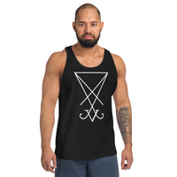 White Sigil of Lucifer design on men's tank top, front view