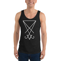 White Sigil of Lucifer design on men's tank top, front view