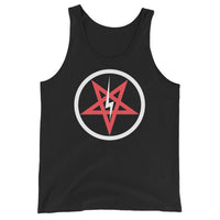 Satanic Church Sigil Bolt design on men's tank top, front view
