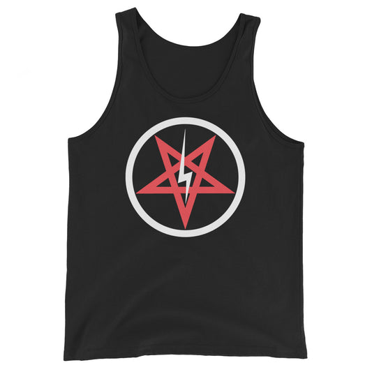 Satanic Church Sigil Bolt design on men's tank top, front view