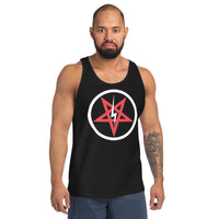 Satanic Church Sigil Bolt design on men's tank top, front view