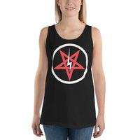 Satanic Church Sigil Bolt design on men's tank top, front view