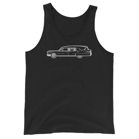 Classic Funeral Hearse design on men's tank top, front view