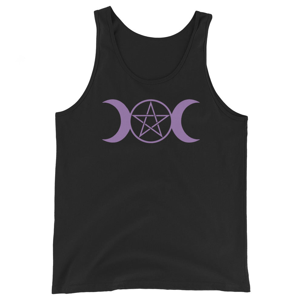 Purple Triple Moon Goddess design on men's tank top, front view