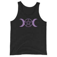 Purple Triple Moon Goddess design on men's tank top, front view