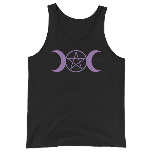 Purple Triple Moon Goddess design on men's tank top, front view