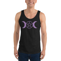 Purple Triple Moon Goddess design on men's tank top, front view