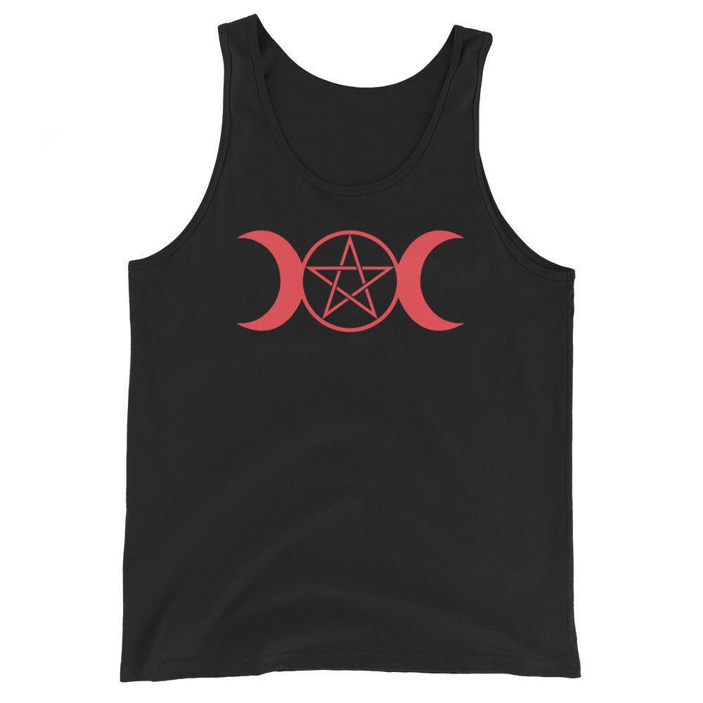 Red Triple Moon Goddess design on men's tank top, front view