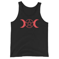 Red Triple Moon Goddess design on men's tank top, front view