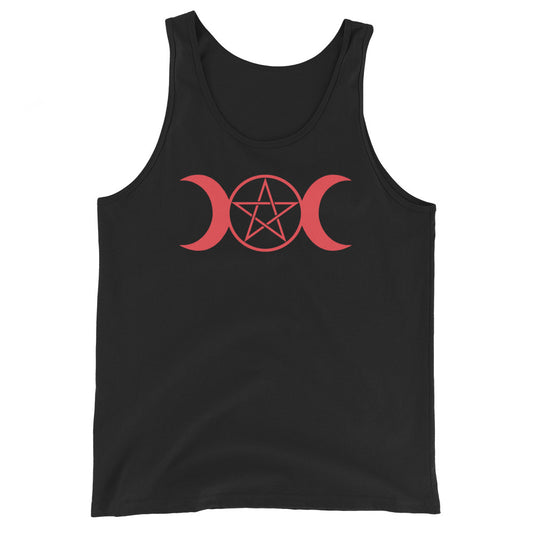 Red Triple Moon Goddess design on men's tank top, front view