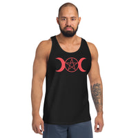 Red Triple Moon Goddess design on men's tank top, front view
