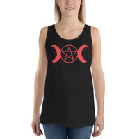 Red Triple Moon Goddess design on men's tank top, front view