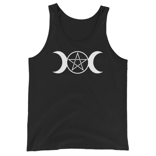 White Triple Moon Goddess design on men's tank top, front view