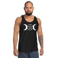 White Triple Moon Goddess design on men's tank top, front view